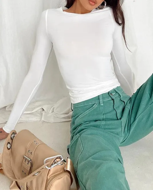 Klassisches Einfarbiges Langarm Stretch Basic Crop Top