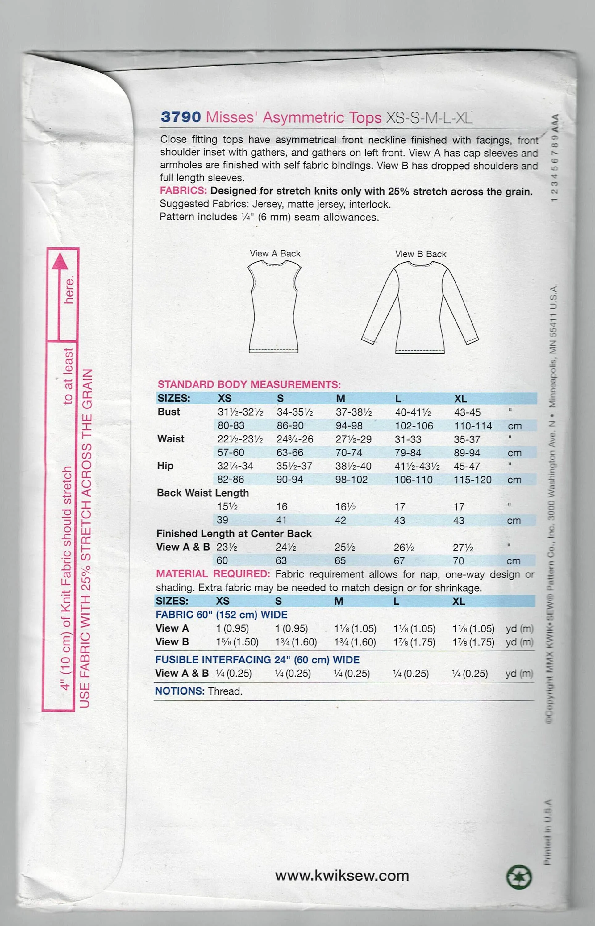Kwik Sew 3790 Womens Stretch Knit Asymmetric Tops Out Of Print Sewing Pattern Size XS - XL UNCUT Factory Folded