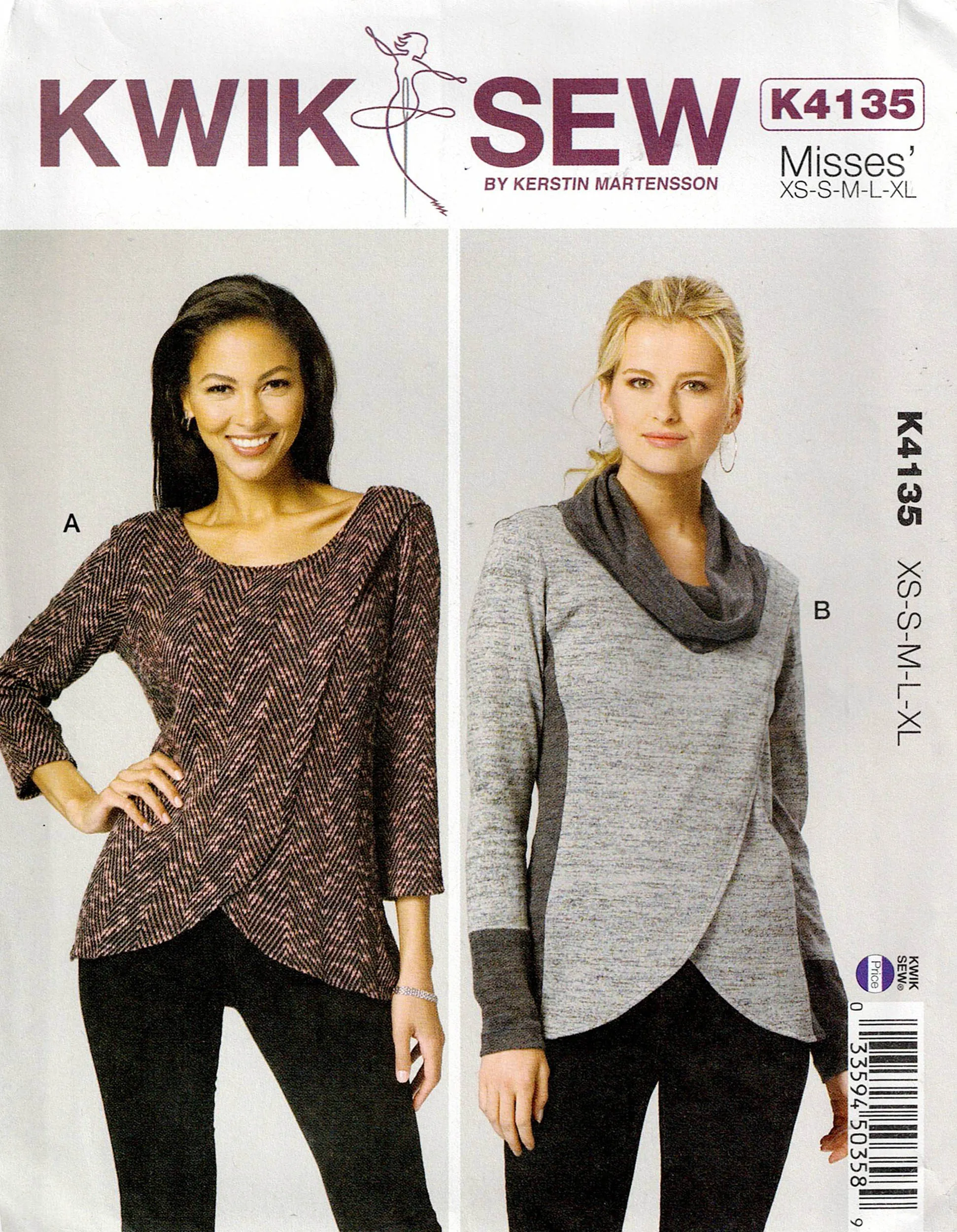 Kwik Sew 4135 Womens Stretch Pullover Cowl Mock Wrap Tops Out Of Print Sewing Pattern Size XS - XL UNCUT Factory Folded