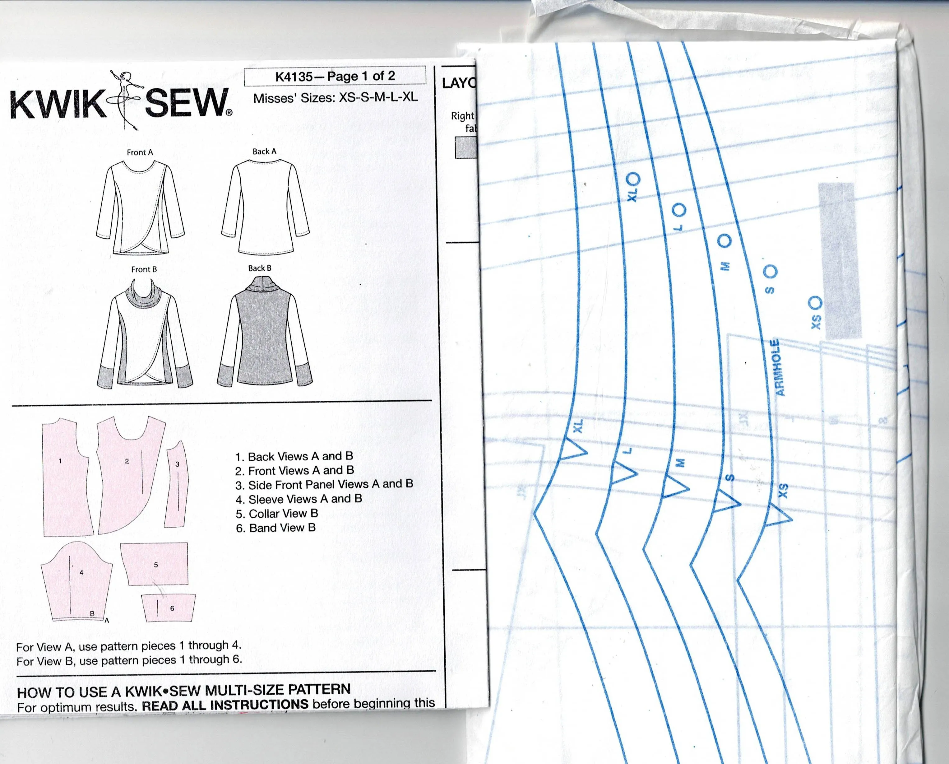 Kwik Sew 4135 Womens Stretch Pullover Cowl Mock Wrap Tops Out Of Print Sewing Pattern Size XS - XL UNCUT Factory Folded