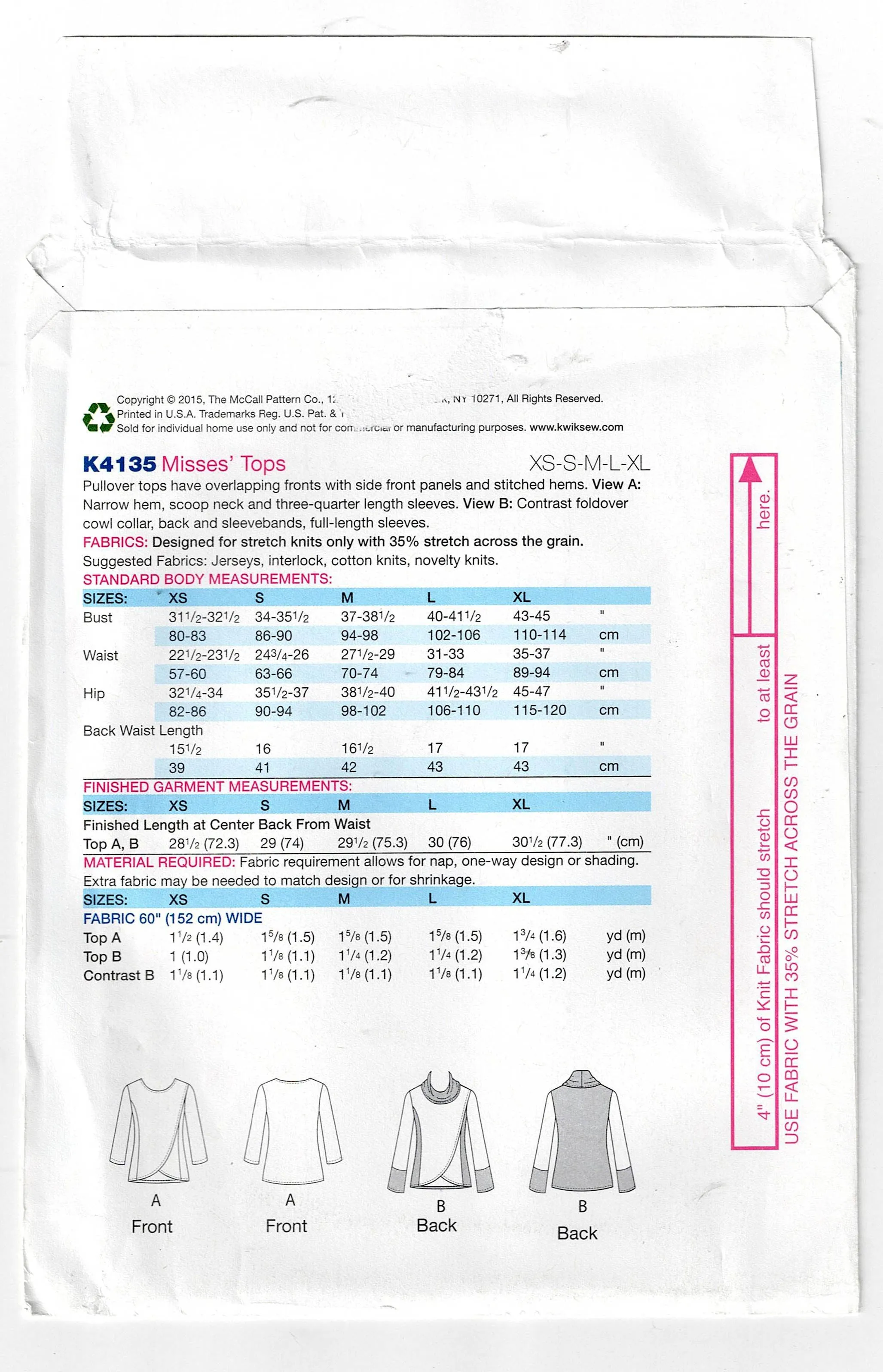 Kwik Sew 4135 Womens Stretch Pullover Cowl Mock Wrap Tops Out Of Print Sewing Pattern Size XS - XL UNCUT Factory Folded