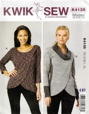 Kwik Sew 4135 Womens Stretch Pullover Cowl Mock Wrap Tops Out Of Print Sewing Pattern Size XS - XL UNCUT Factory Folded
