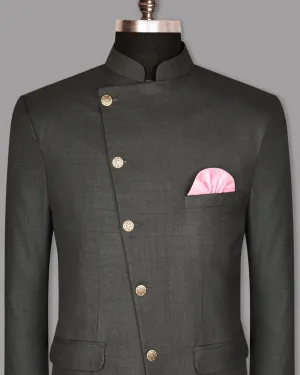 Lead Grey tonal windowpane Cross Buttoned Bandhgala/Mandarin Wool blend Blazer