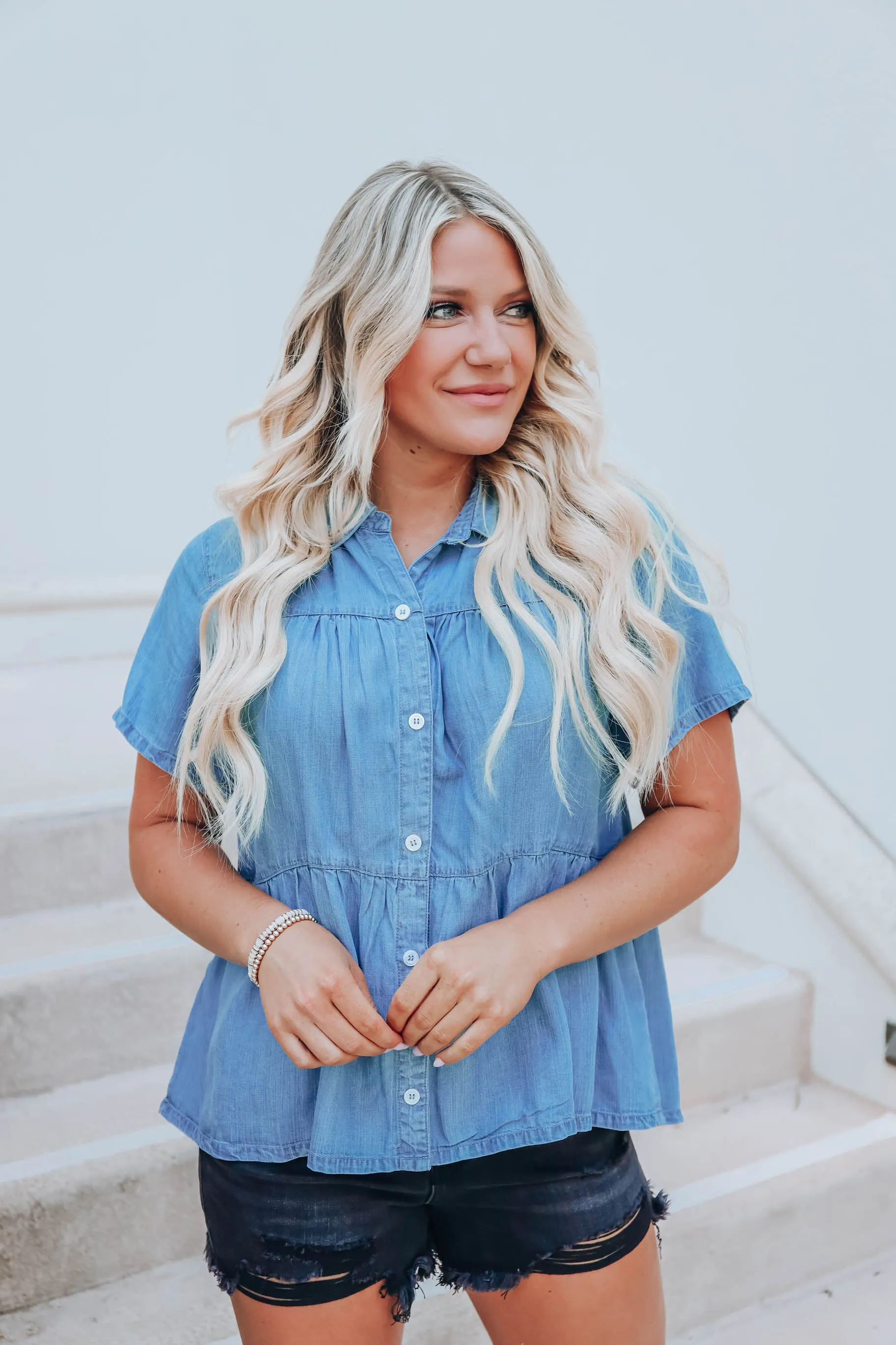 Light Denim Tiered Babydoll Top