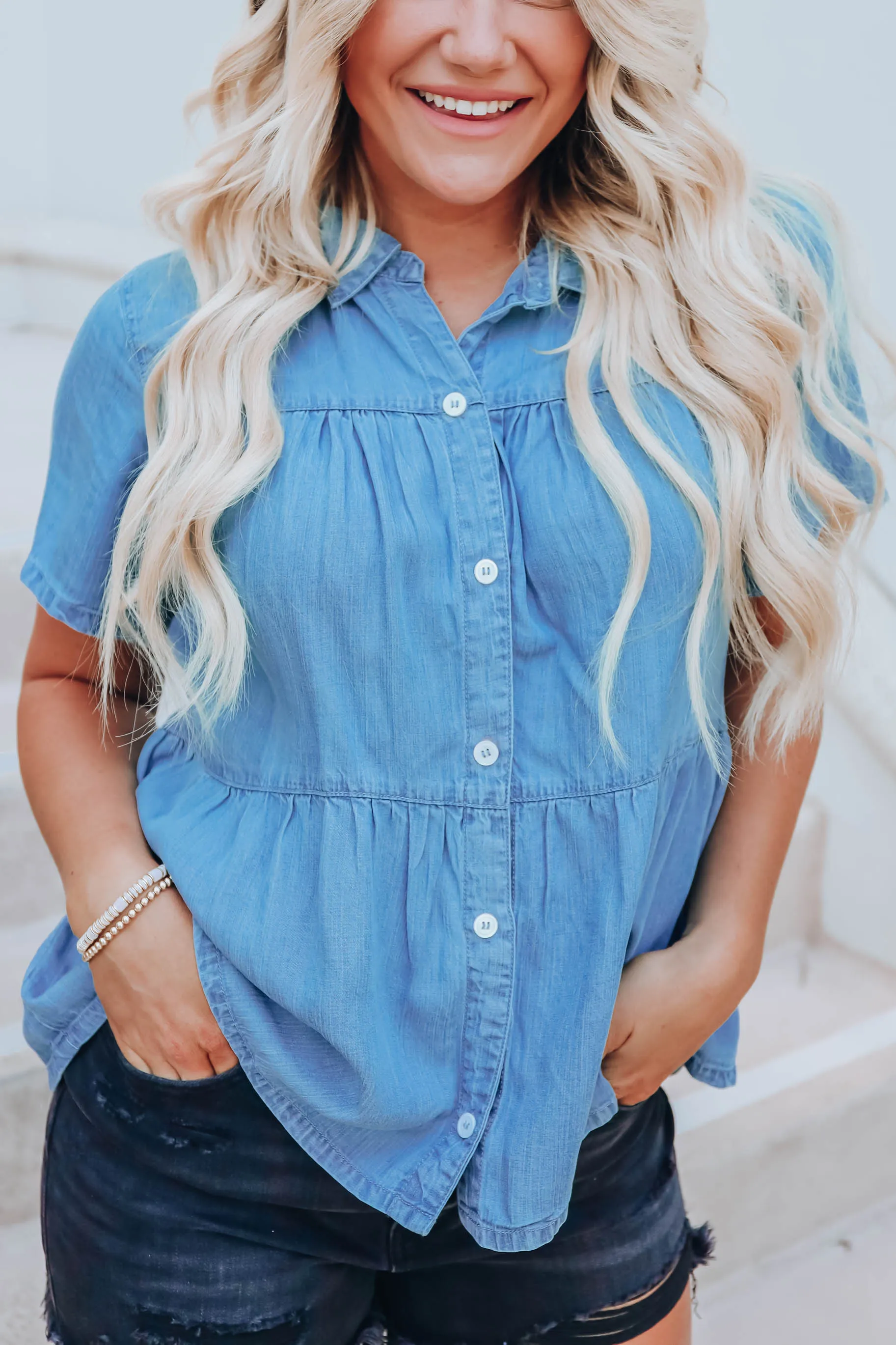 Light Denim Tiered Babydoll Top