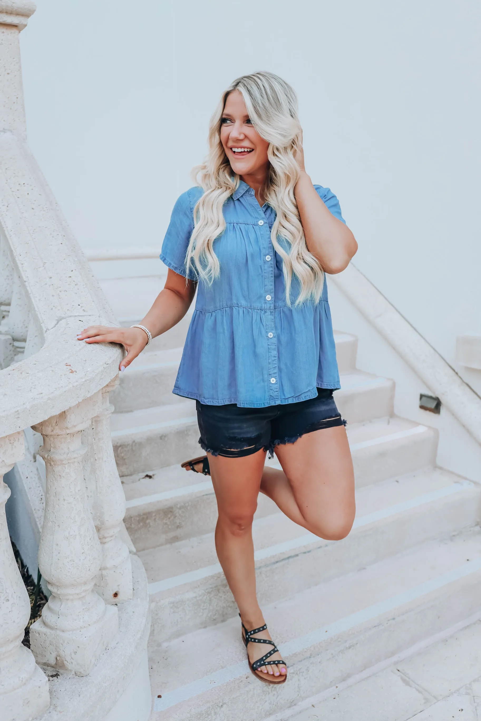 Light Denim Tiered Babydoll Top