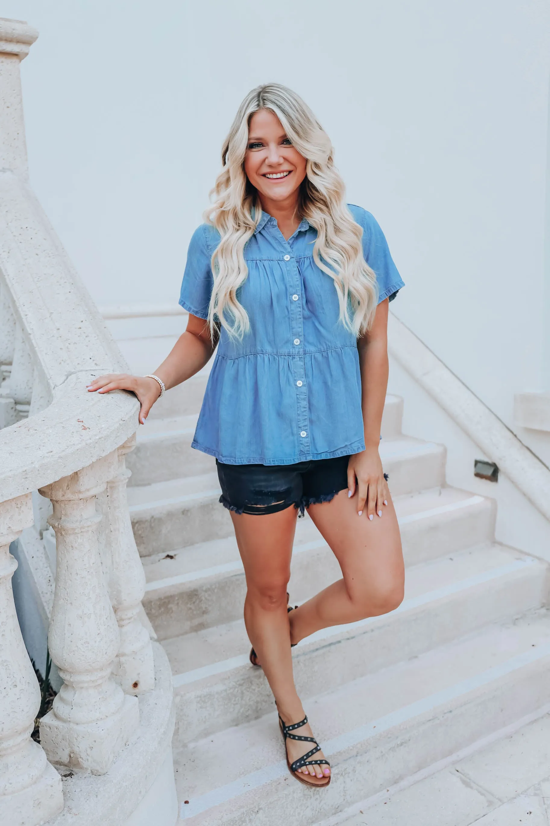 Light Denim Tiered Babydoll Top