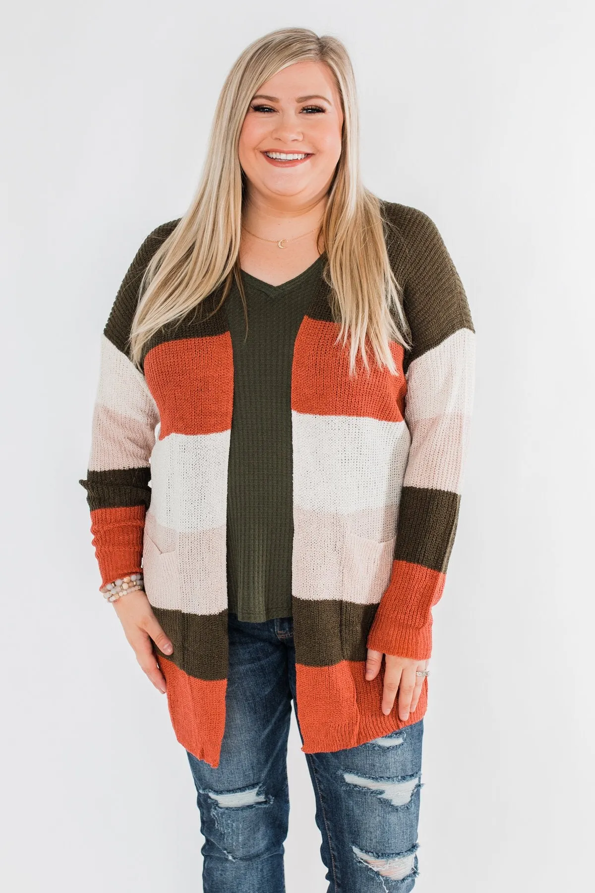 Long Knitted Color Block Cardigan- Forest Tones
