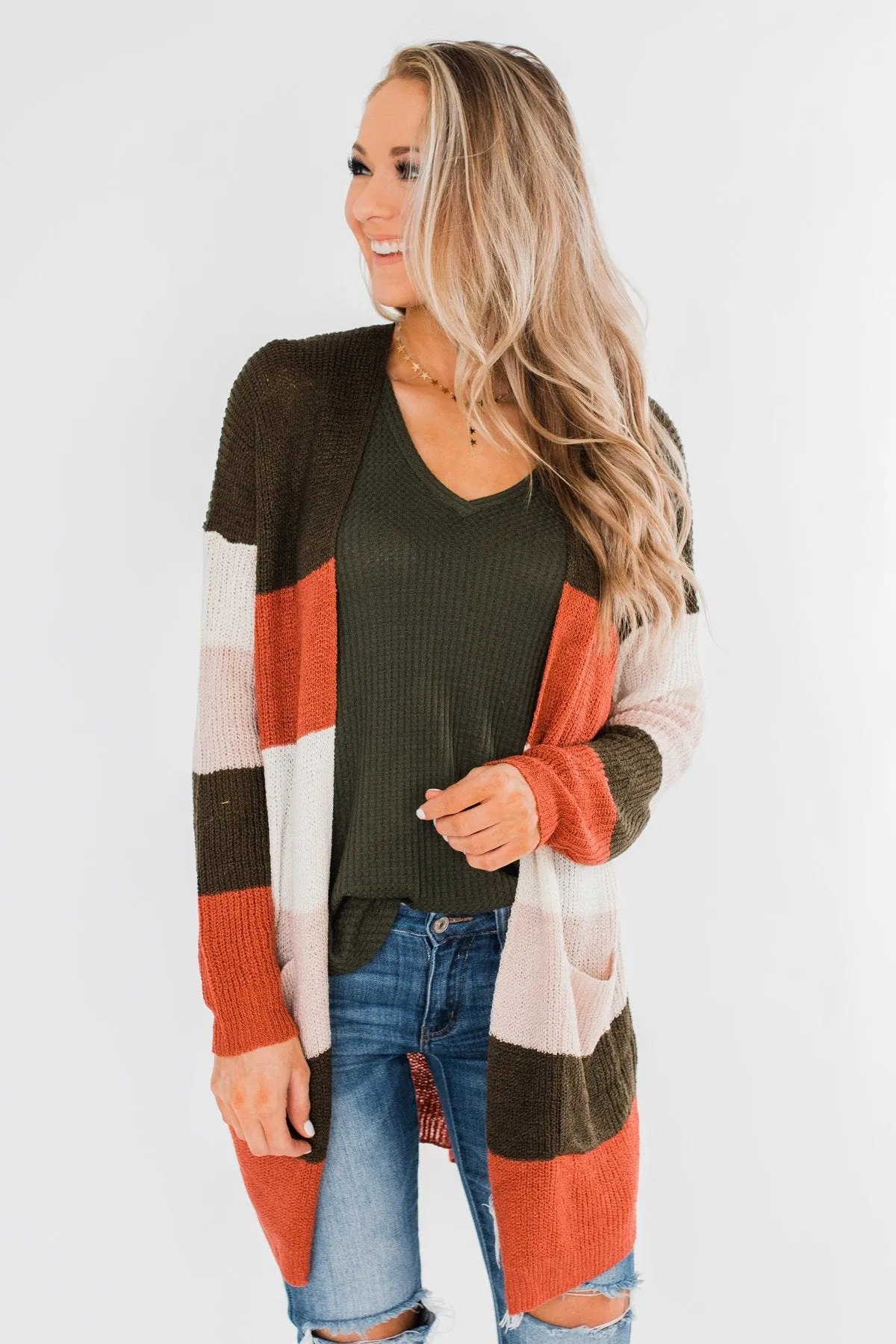 Long Knitted Color Block Cardigan- Forest Tones