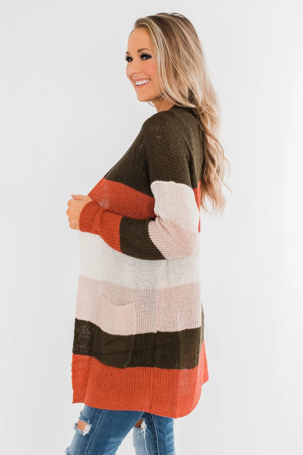 Long Knitted Color Block Cardigan- Forest Tones