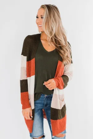 Long Knitted Color Block Cardigan- Forest Tones