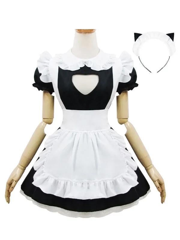 Maid Lolita Outfits Black Puff Sleeve Peter Pan Collar Two Tone OP One Piece Dress With Ruffles Apron And Headpieces