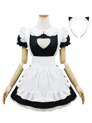 Maid Lolita Outfits Black Puff Sleeve Peter Pan Collar Two Tone OP One Piece Dress With Ruffles Apron And Headpieces