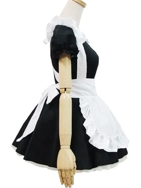 Maid Lolita Outfits Black Puff Sleeve Peter Pan Collar Two Tone OP One Piece Dress With Ruffles Apron And Headpieces