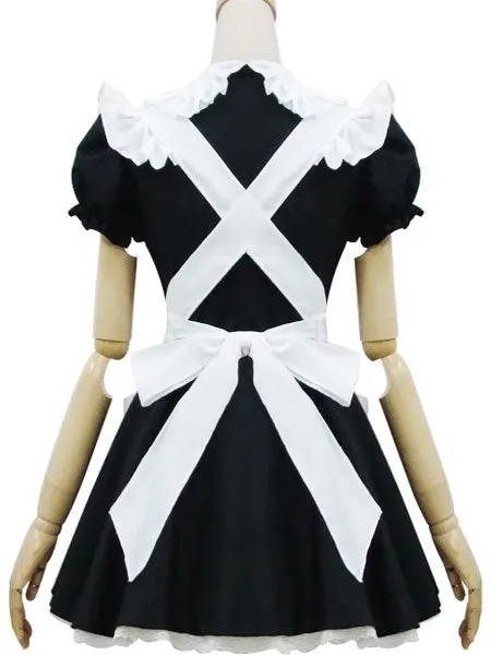 Maid Lolita Outfits Black Puff Sleeve Peter Pan Collar Two Tone OP One Piece Dress With Ruffles Apron And Headpieces