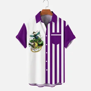Mardi Gras Crocodile Bead Stripe Print Men's Button Pocket Short Sleeve Shirt
