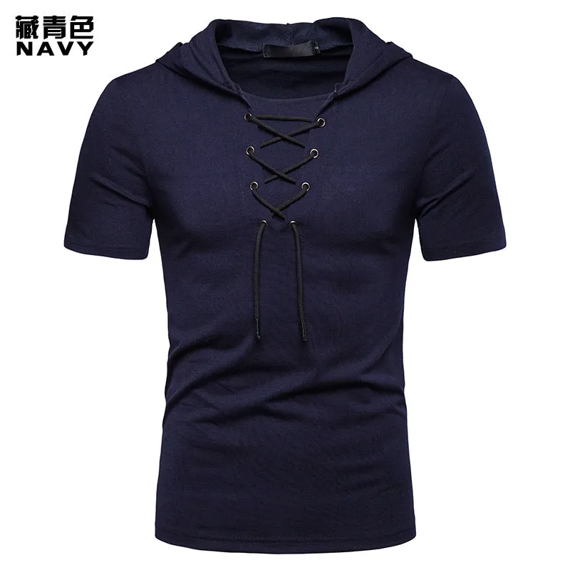 Men's Hooded Loose Shoelace Short Sleeves T-shirt