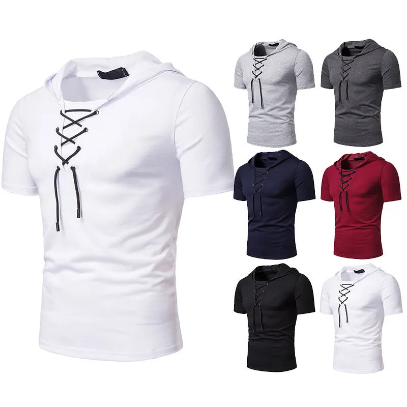 Men's Hooded Loose Shoelace Short Sleeves T-shirt
