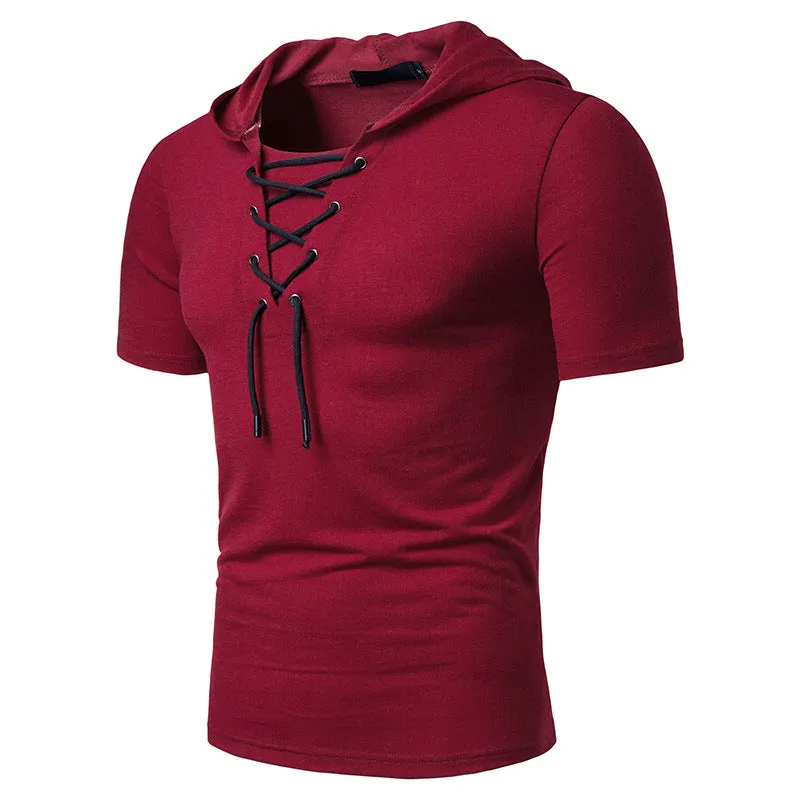 Men's Hooded Loose Shoelace Short Sleeves T-shirt
