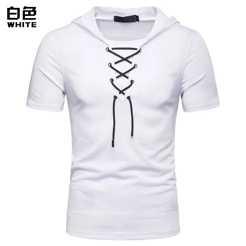 Men's Hooded Loose Shoelace Short Sleeves T-shirt