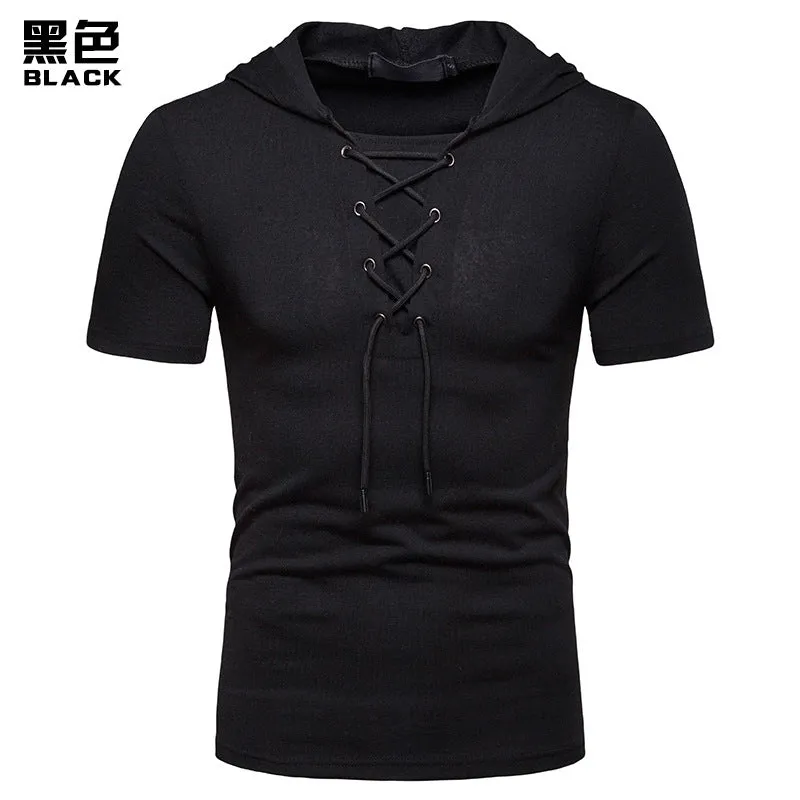 Men's Hooded Loose Shoelace Short Sleeves T-shirt