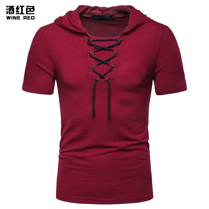 Men's Hooded Loose Shoelace Short Sleeves T-shirt