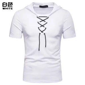 Men's Hooded Loose Shoelace Short Sleeves T-shirt