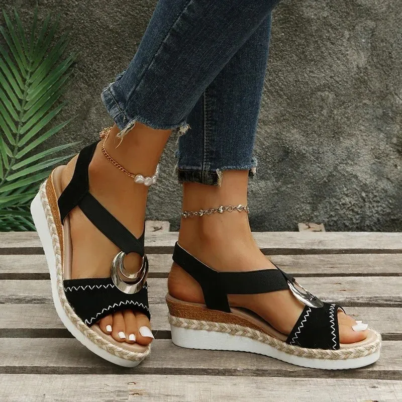 Metallic Accent Wedge Sandals | Faux Leather | Stylish and Comfortable