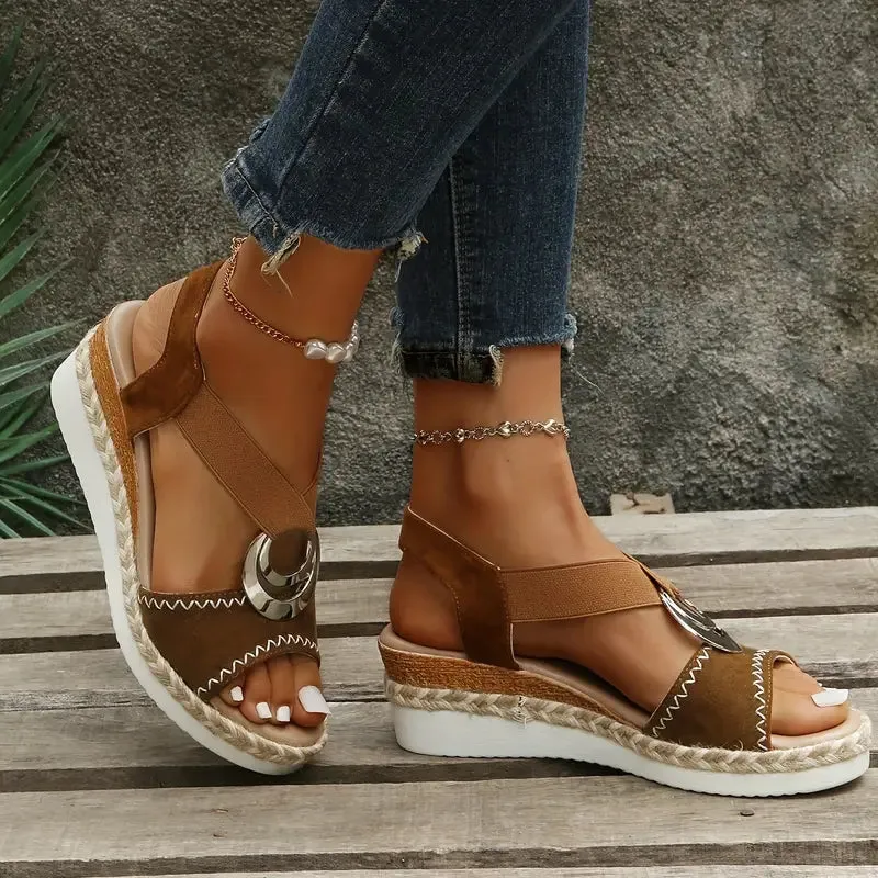 Metallic Accent Wedge Sandals | Faux Leather | Stylish and Comfortable