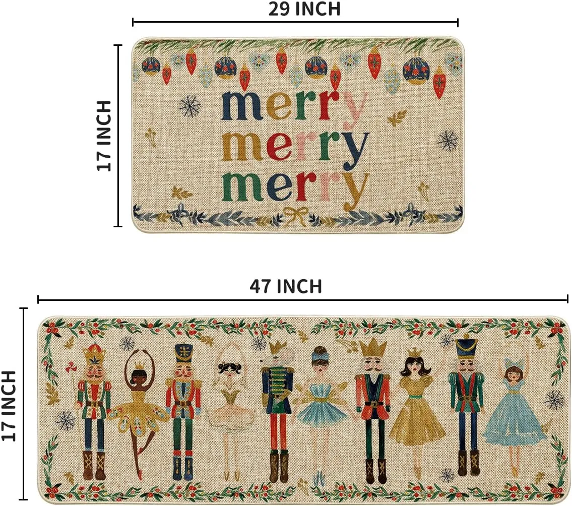 NEW Artoid Mode Watercolor Nutcrackers Merry Christmas Non Slip Kitchen Runners Set of 2, Low-Profile Kitchen Rugs - 17x29 and 17x47 Inch