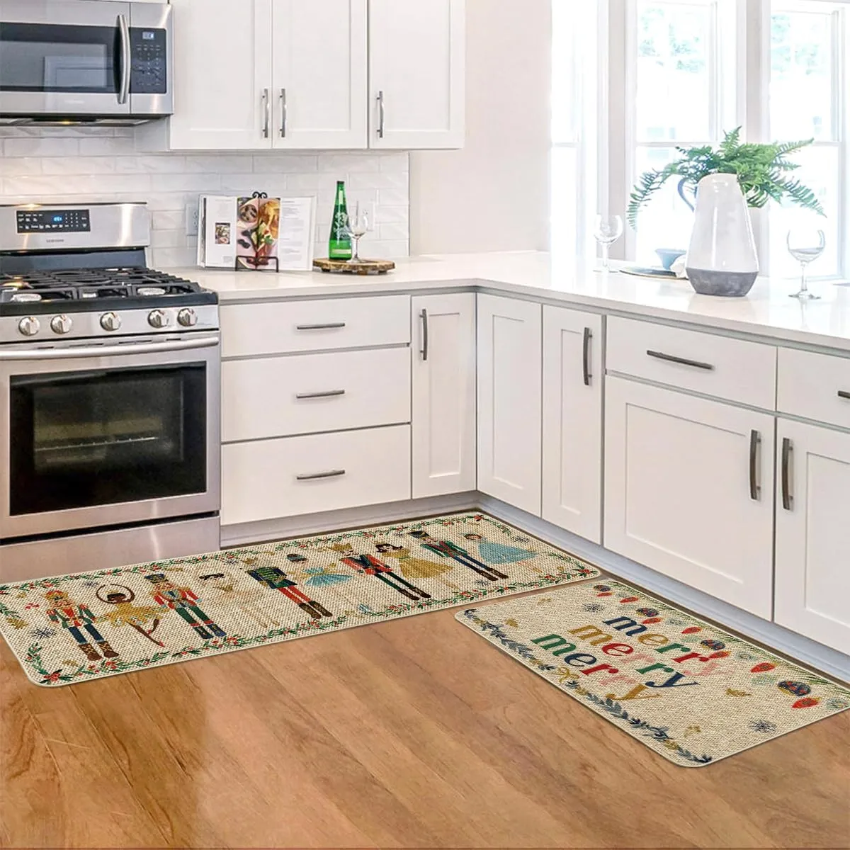 NEW Artoid Mode Watercolor Nutcrackers Merry Christmas Non Slip Kitchen Runners Set of 2, Low-Profile Kitchen Rugs - 17x29 and 17x47 Inch