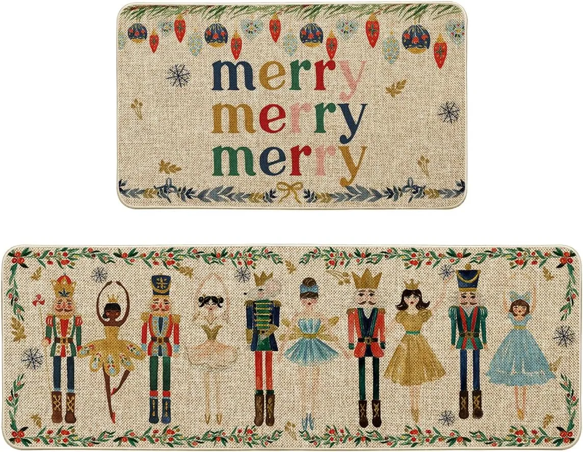 NEW Artoid Mode Watercolor Nutcrackers Merry Christmas Non Slip Kitchen Runners Set of 2, Low-Profile Kitchen Rugs - 17x29 and 17x47 Inch