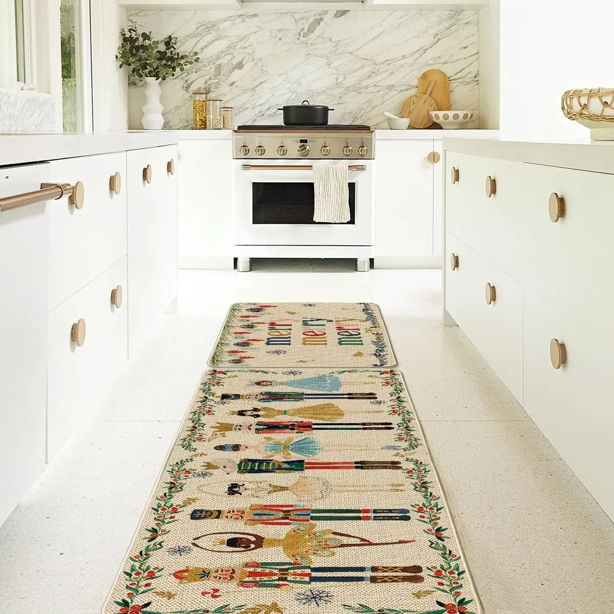 NEW Artoid Mode Watercolor Nutcrackers Merry Christmas Non Slip Kitchen Runners Set of 2, Low-Profile Kitchen Rugs - 17x29 and 17x47 Inch