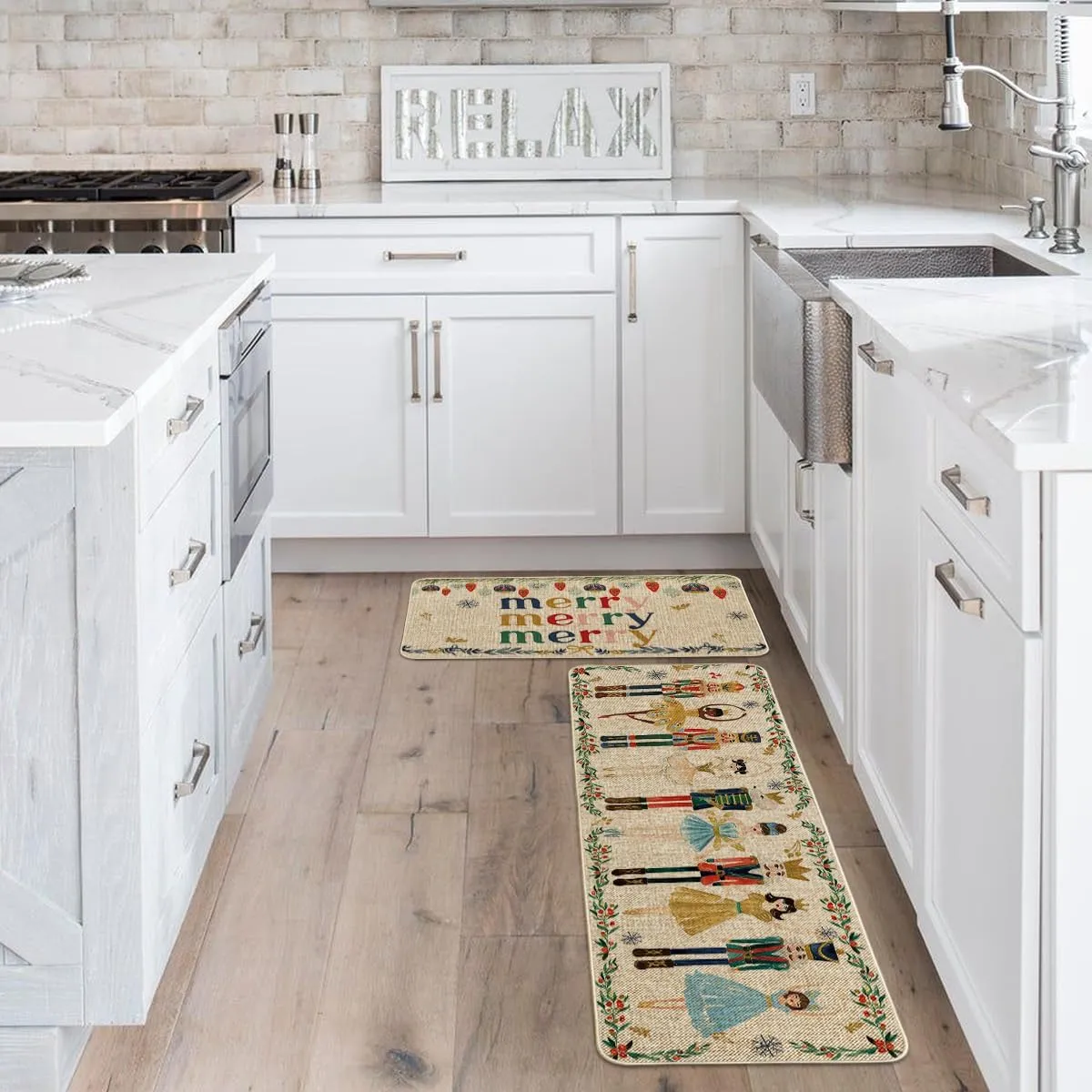 NEW Artoid Mode Watercolor Nutcrackers Merry Christmas Non Slip Kitchen Runners Set of 2, Low-Profile Kitchen Rugs - 17x29 and 17x47 Inch