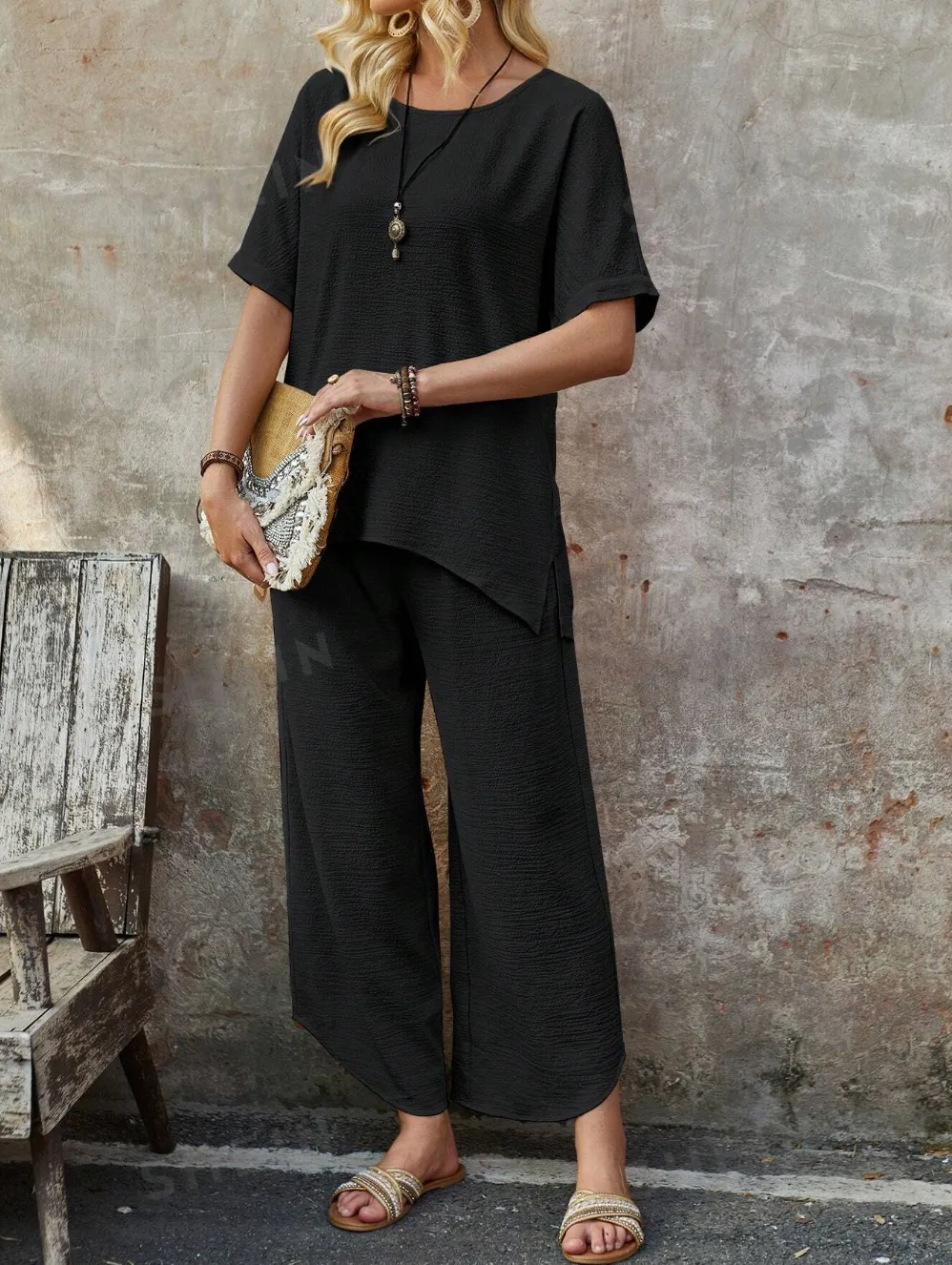 New EMERY ROSE Women's Summer Short-Sleeve Top And Split Leg Trousers Two-Piece Set Sz 2X Black