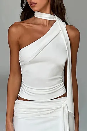 New Micas One-shoulder Tank Top with Scarf White Sz M