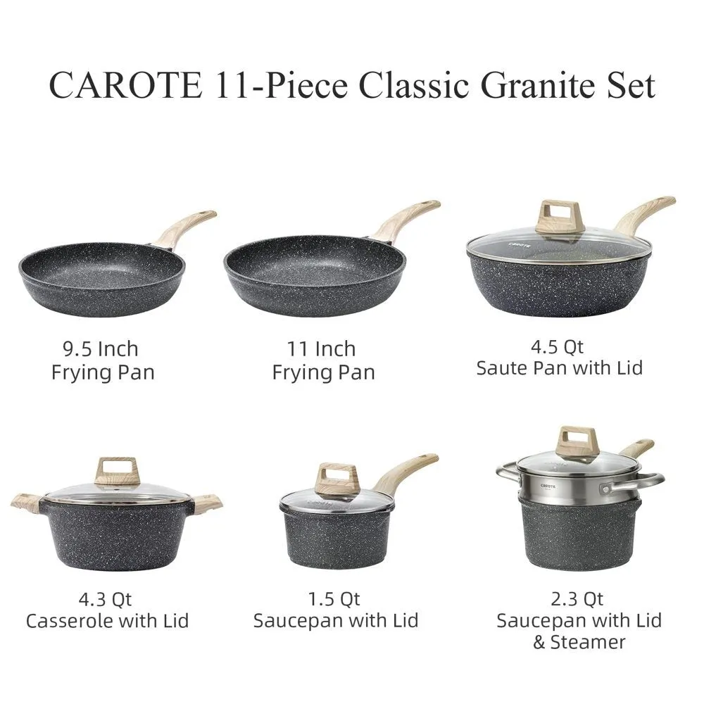Nonstick Pots and Pans Set;  11 Pcs Granite Stone Kitchen Cookware Sets (Black)