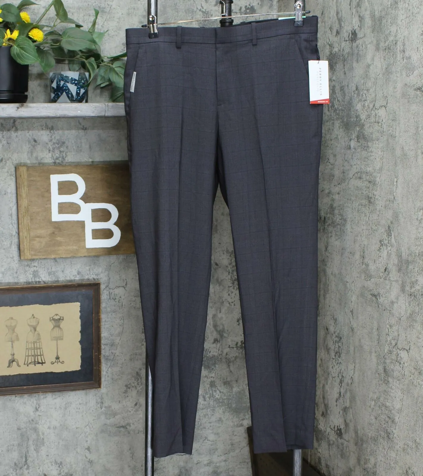 NWT Perry Ellis Portfolio Men's Modern Fit Plaid Performance Dress Pants 34 32