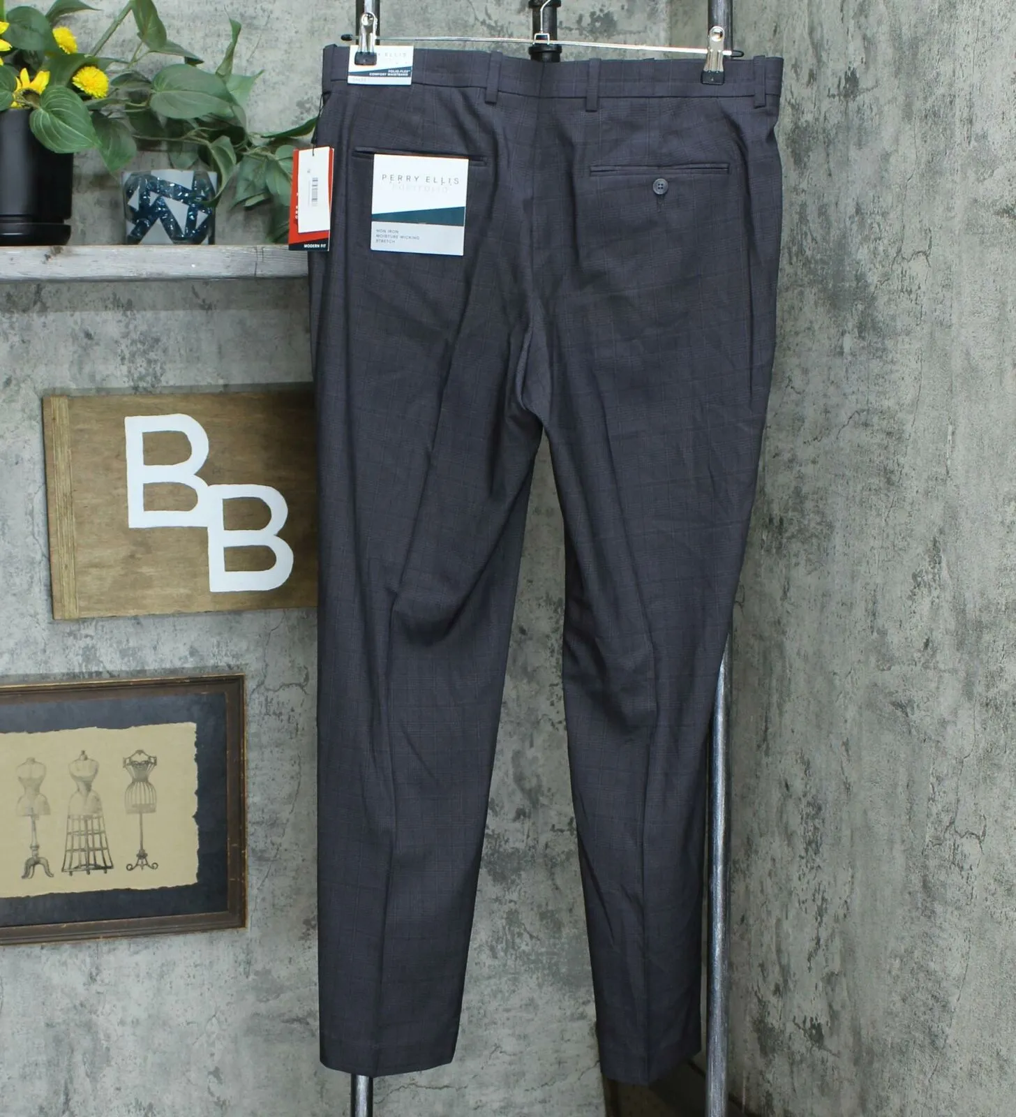 NWT Perry Ellis Portfolio Men's Modern Fit Plaid Performance Dress Pants 34 32