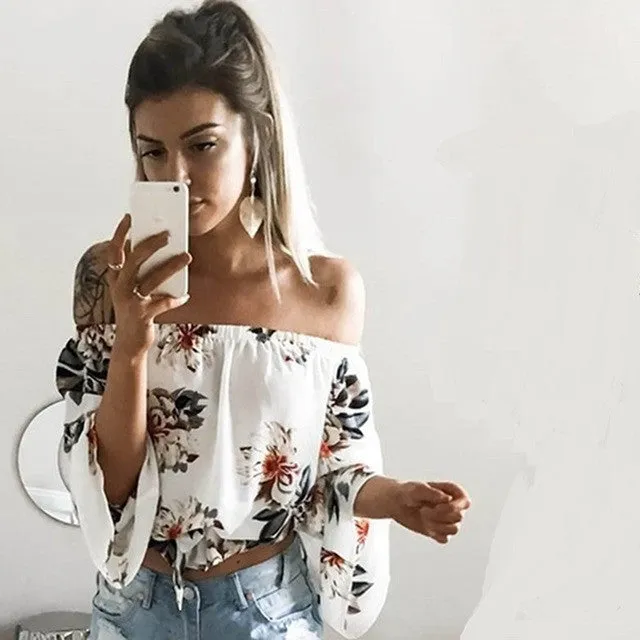 Off Shoulder Flower Print  Blouse