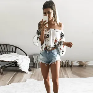 Off Shoulder Flower Print  Blouse