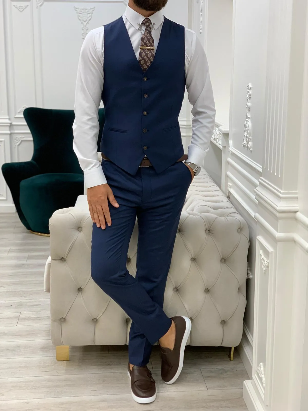 Olympia Navy Blue Slim Fit Peak Lapel Plaid Suit