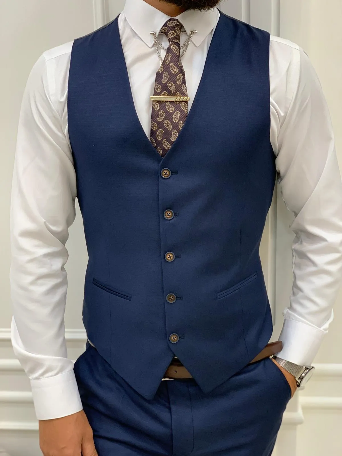 Olympia Navy Blue Slim Fit Peak Lapel Plaid Suit