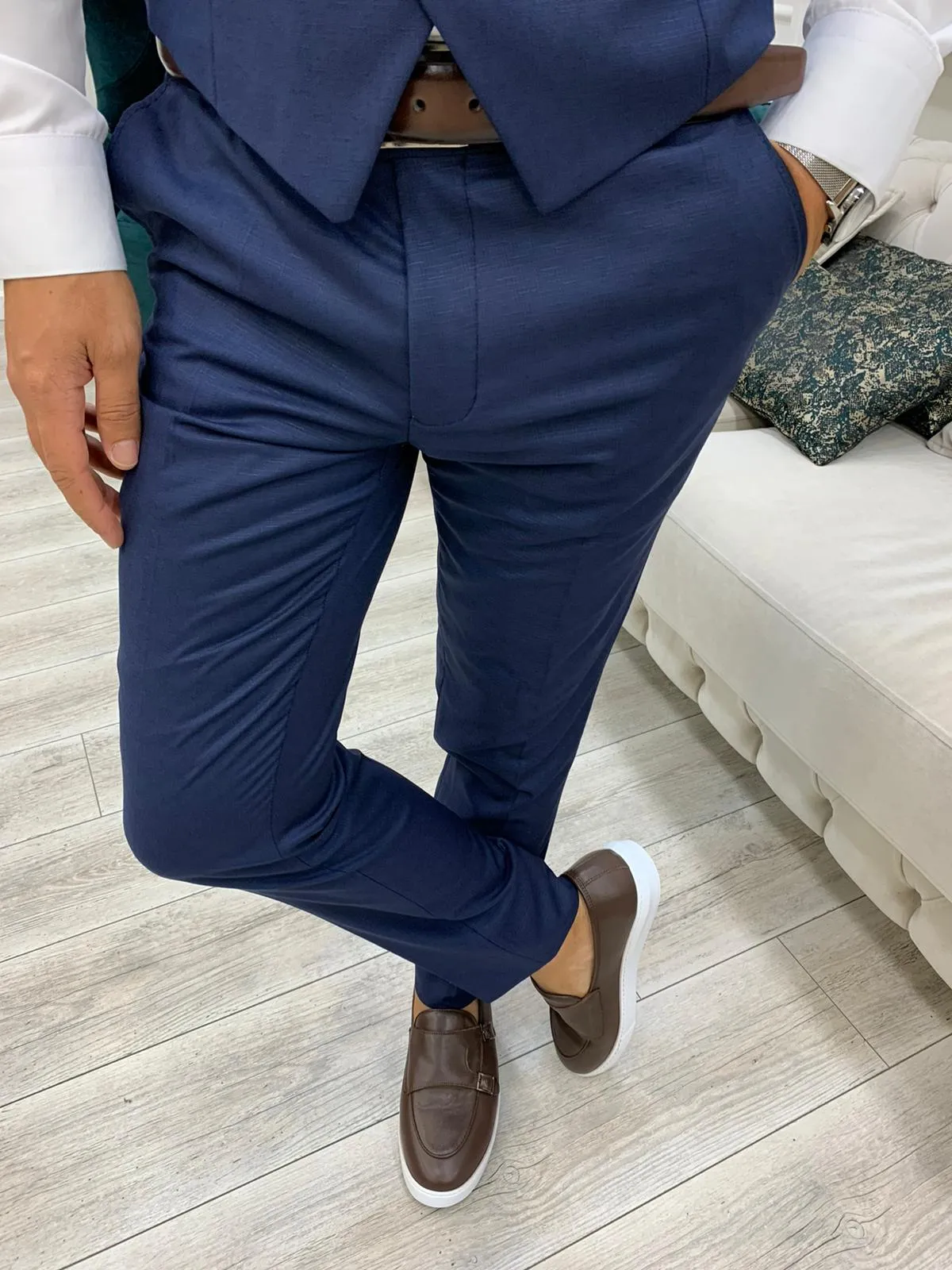 Olympia Navy Blue Slim Fit Peak Lapel Plaid Suit