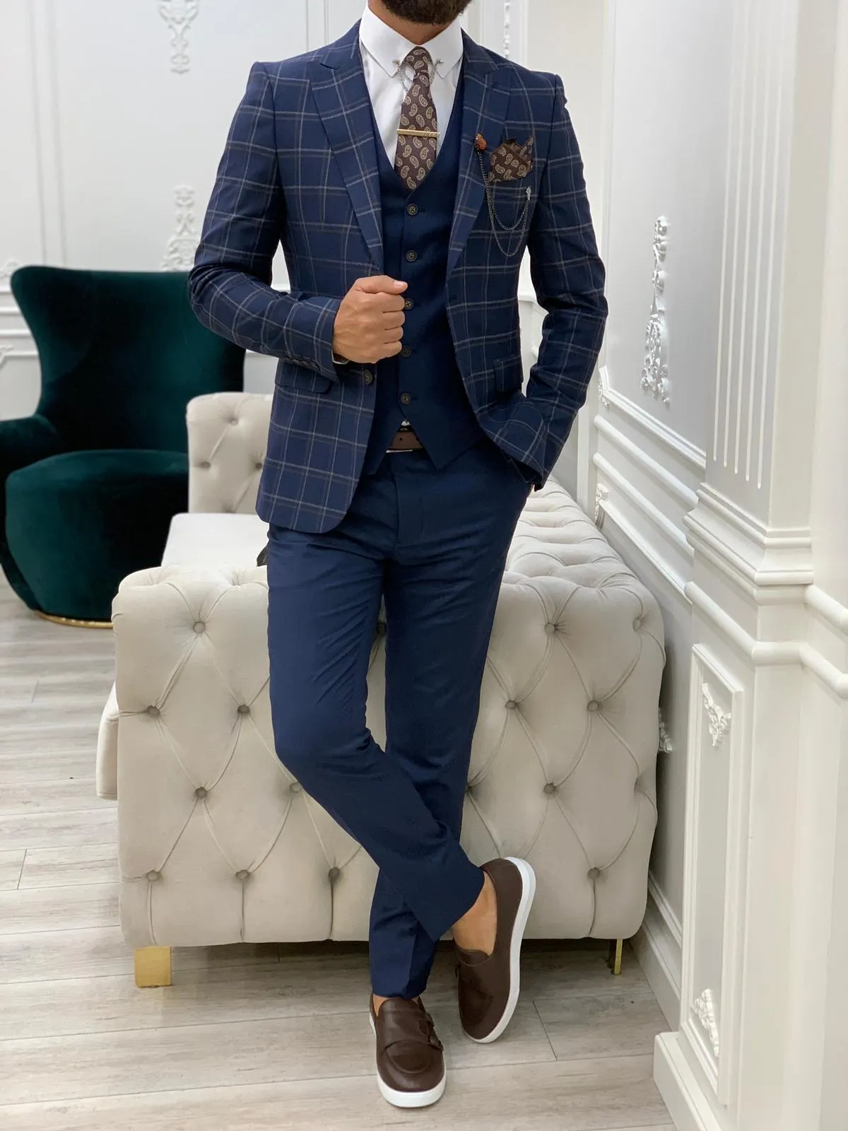 Olympia Navy Blue Slim Fit Peak Lapel Plaid Suit