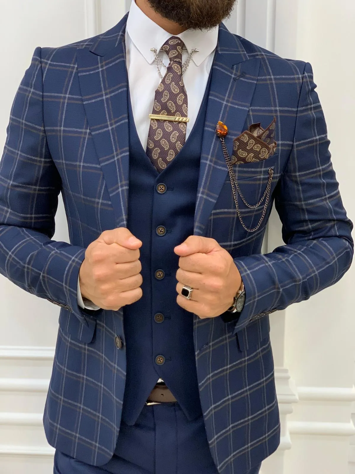 Olympia Navy Blue Slim Fit Peak Lapel Plaid Suit