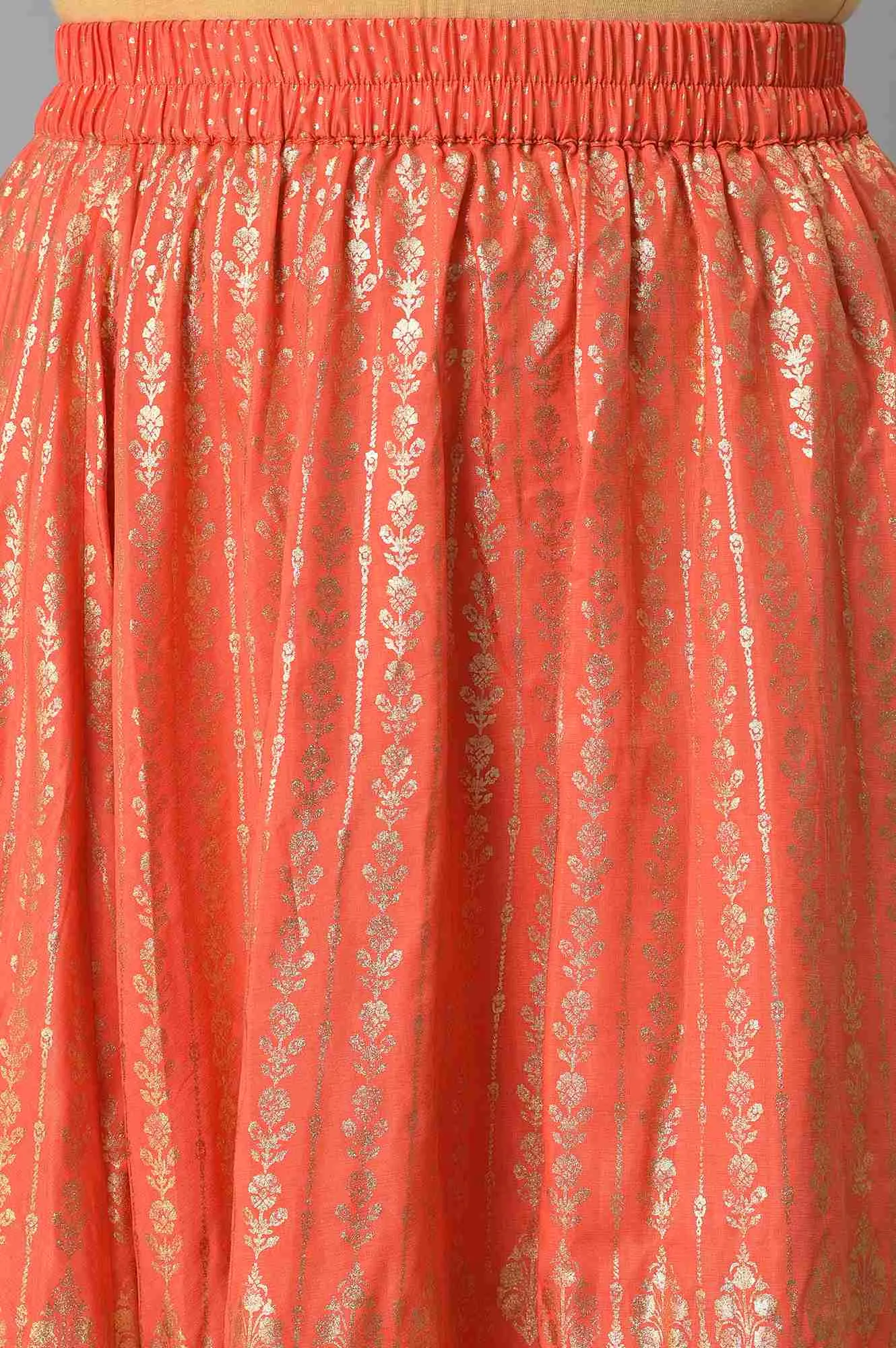 Orange Foil Printed Flared Skirt