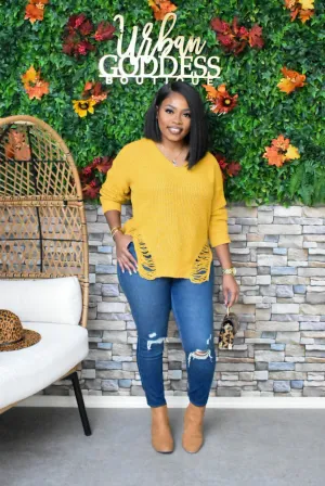 Oversized Distressed Sweater (Mustard)