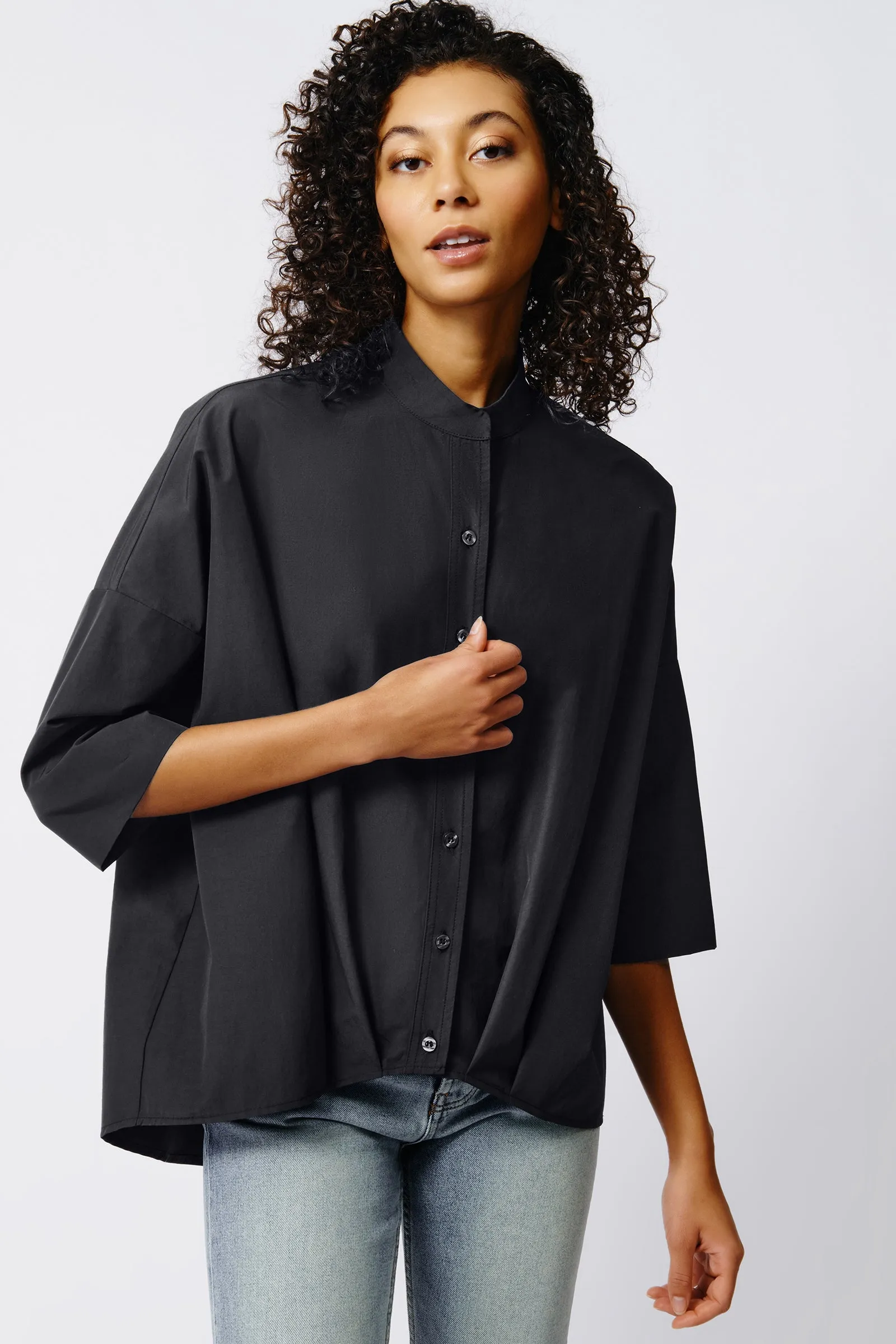 Pleat Hem Kimono - Black Broadcloth