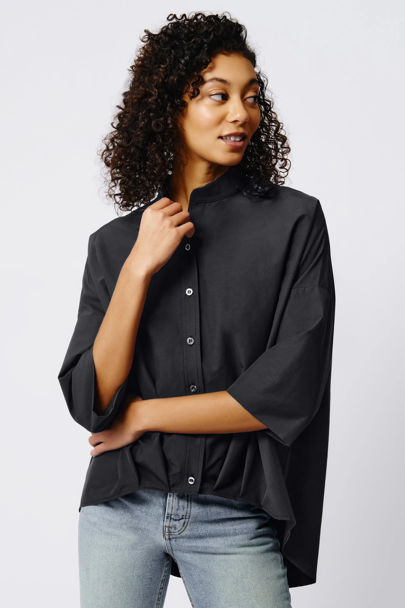 Pleat Hem Kimono - Black Broadcloth